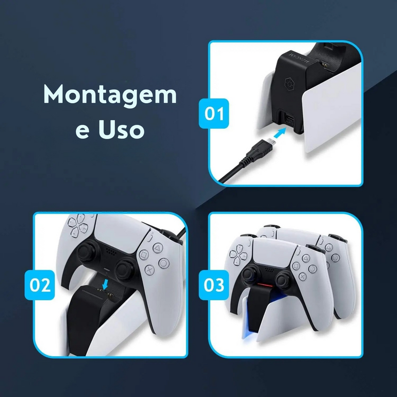 Recarga Turbo PS5: Estação de Carregamento Rápido para 2 Controles